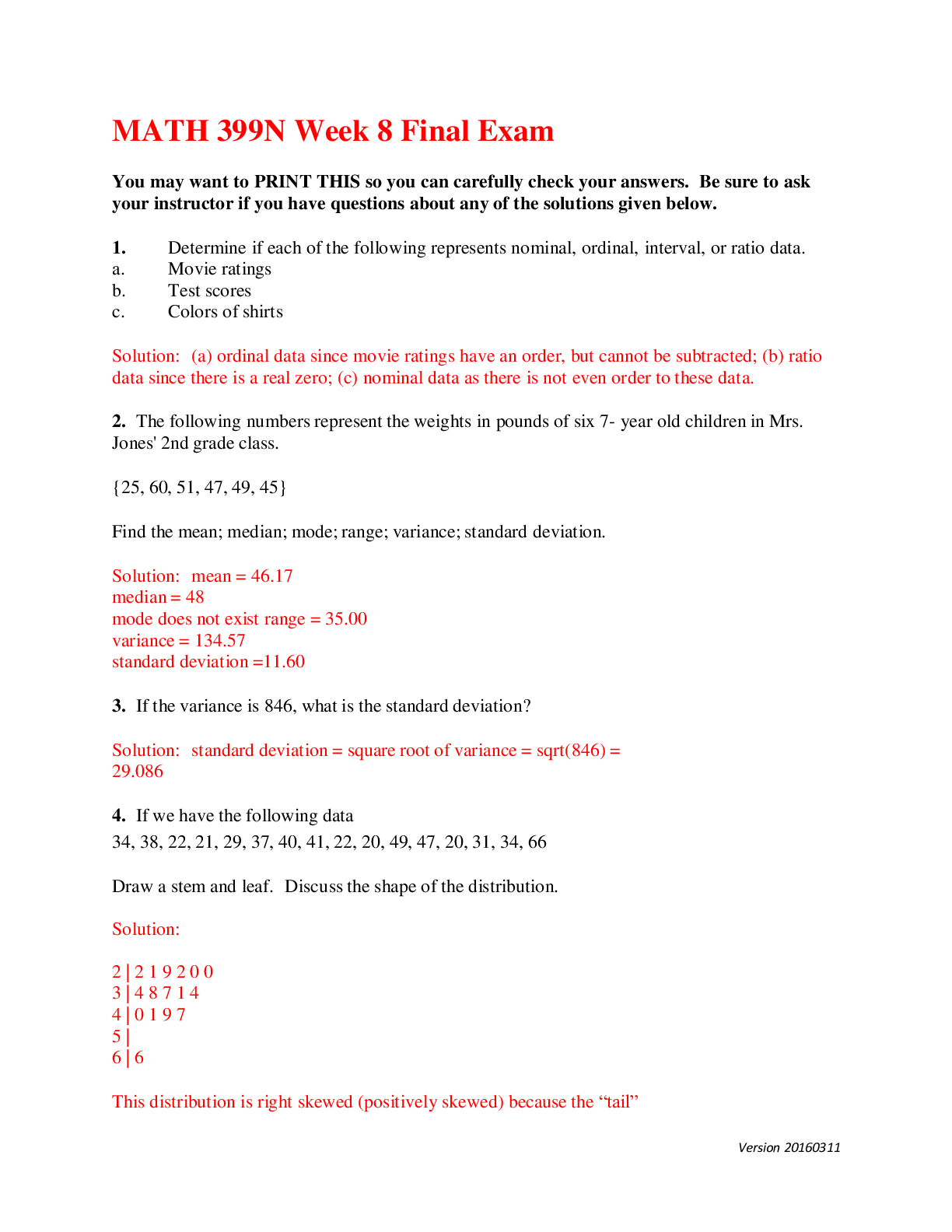 Preview of Chamberlain College of Nursing - MATH 399N Final Exam Questions and Answers
